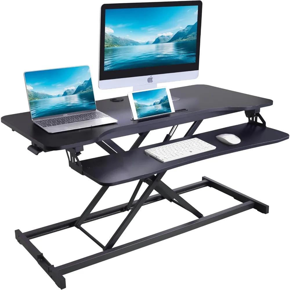 

43" Height Adjustable Standing Desk Converter - Tall Sit Stand Up Tabletop Riser with Tablet Slot - Home Office Computer Workst