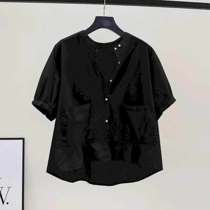 Camisas de manga corta 98% algodón para mujer, blusas con diseño de cuello redondo y dos bolsillos, camisa holgada informal de estilo coreano, Top fino de tendencia de verano