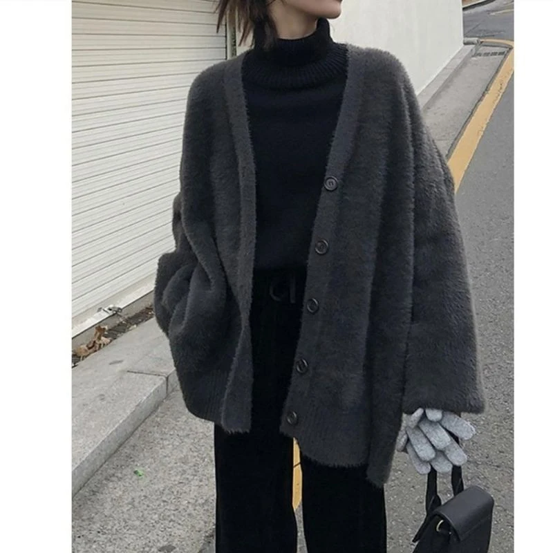 Autumn Winter New Solid Color Fashion Long Sleeve Sweater Women High Street Casual Loose Button Elegant Thicken Warm Cardigan