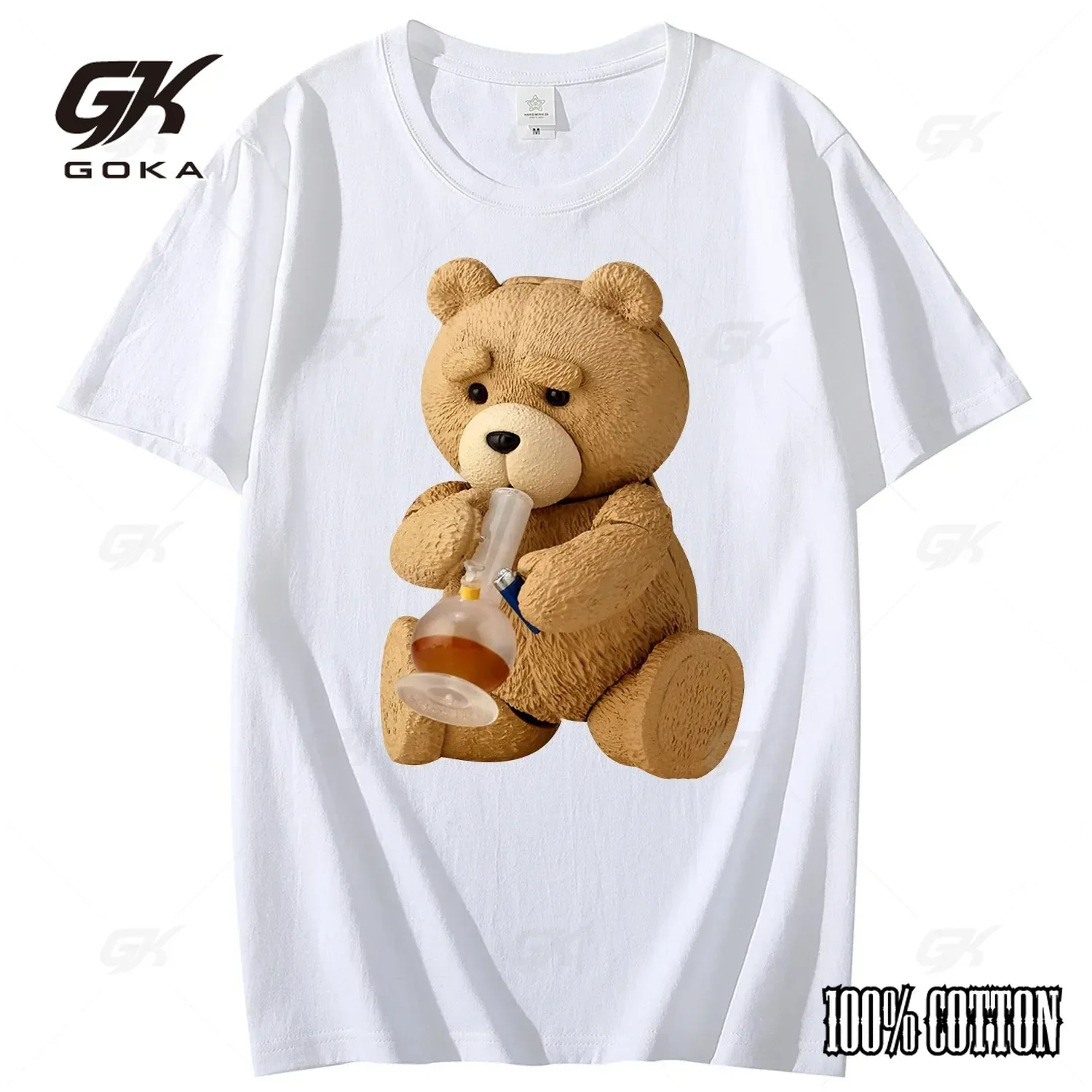 2024 New Cotton T Shirt Print Cute Teddy Bear Drinking Beer Poster T-shirt Summer Short Sleeved T-shirt Cool Casual High Quality