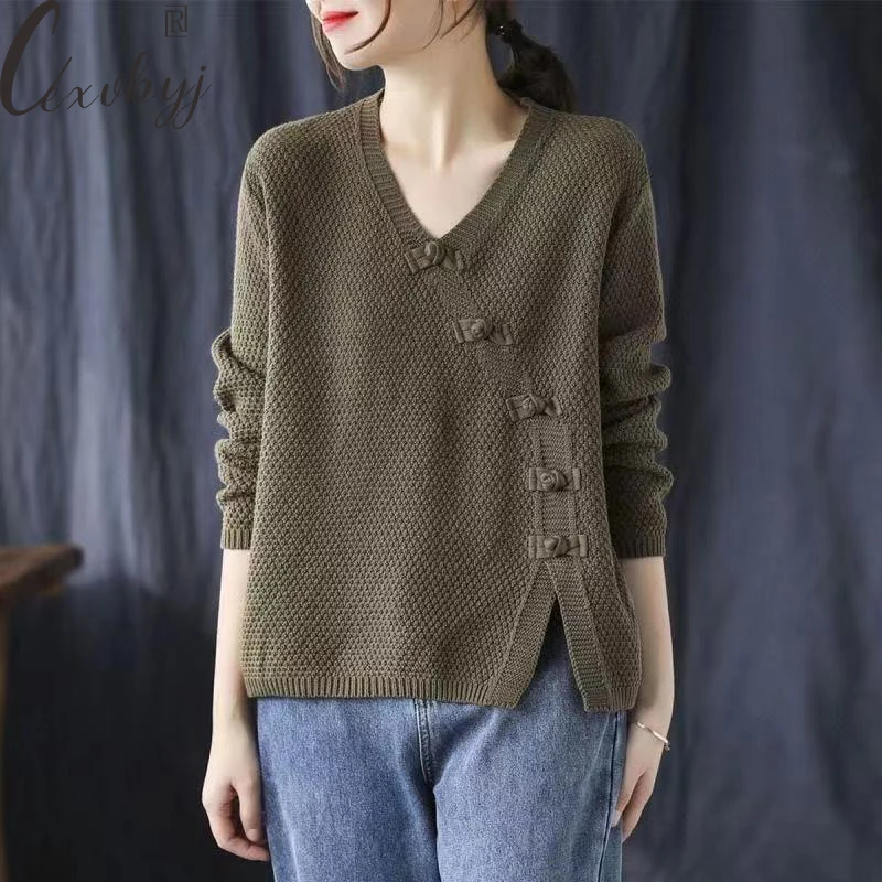 

Fall Winter Vintage Button Sweater Women Oversized Casual Knitted Pullover Loose Soft Knitwear Long Sleeve Bottoming Sueter Top