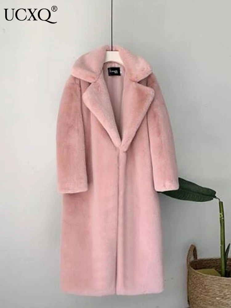 UCXQ Elegant Faux Fur Jacket Temperament Casual Lapel All Match Single Button Warm Long Outerwear 2024 New Autumn Winter 23C2711