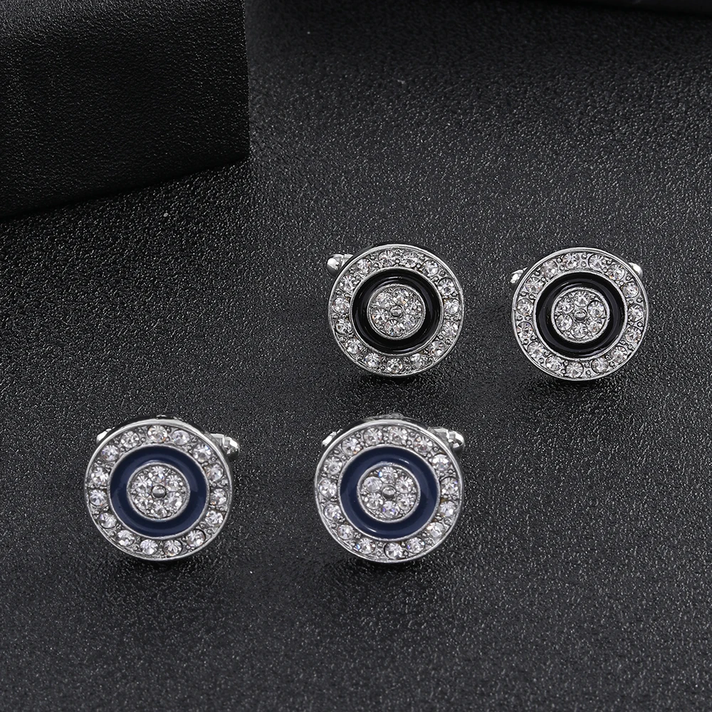 Dazzling Modern Mens Shirt Suit Tuxedo Blouse Cuff Button Classic Blue And Black Colors Circle Design Crystal Cufflinks