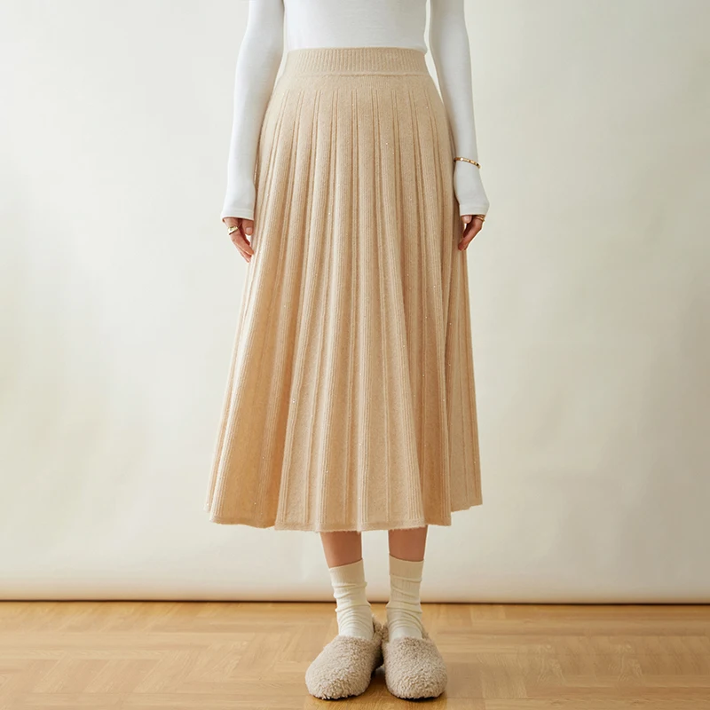 

Autumn and winter women's 100% pure wool mid length high waist pleated skirt A-line cashmere skirt knitted umbrella skirt