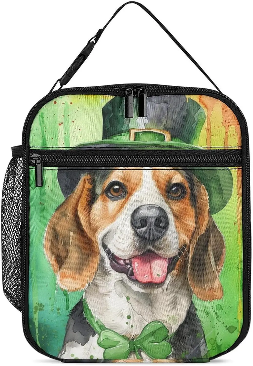 

St Patricks Day Dog Lunch Box Reusable Portable Beagles Dog Clover Rainbow Insulated Lunch Bag with Side Pocket Small Thermal Me