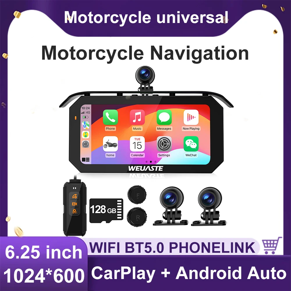 

6.25 inch 1080P portable Motorcycle Dash Cam TPMS Moto Carplay Android Auto Screen Light Sensor Loop Recording Wired Controll