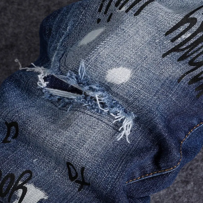 Men's Fashion Stretch Slim Fit Jeans Nostalgic Washed Blue High Street Hip-Hop Pants with Paint Scratches