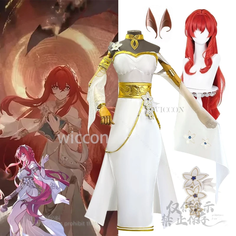 Anime Game Honkai Star Rail Cosplay Tribios Costume Big Tribbie Red Wigs White Long Dress Gold Accesory Props Female Halloween