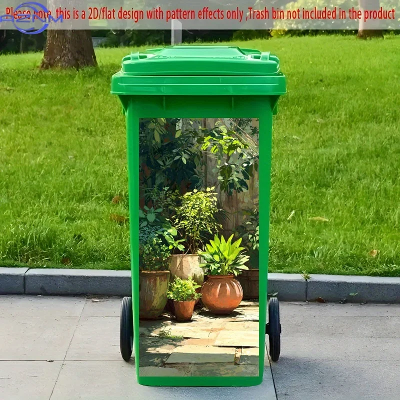 1pc 2D Flat Garbage Bin Sticker, Decal, Featuring a Sunny Potted Plant Design with a Green Plant Theme, Creative Garbage Bin S