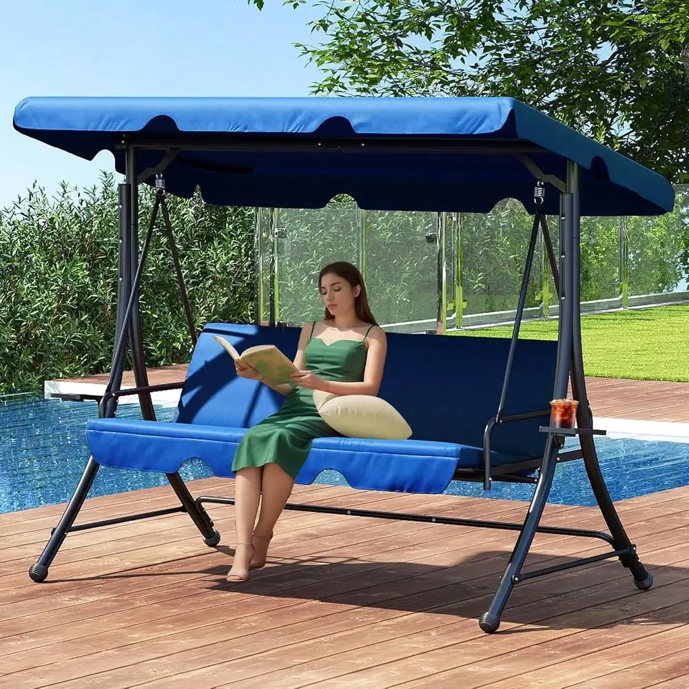 3-Seat Blue Outdoor Swing with Stand, Patio Glider, and Side Tables for Garden Relaxation