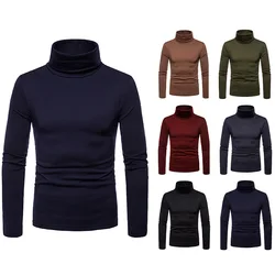 Suéteres de cuello alto para hombre, Jersey de punto de manga larga, Color sólido, camisa de fondo gruesa, otoño e invierno, 2020