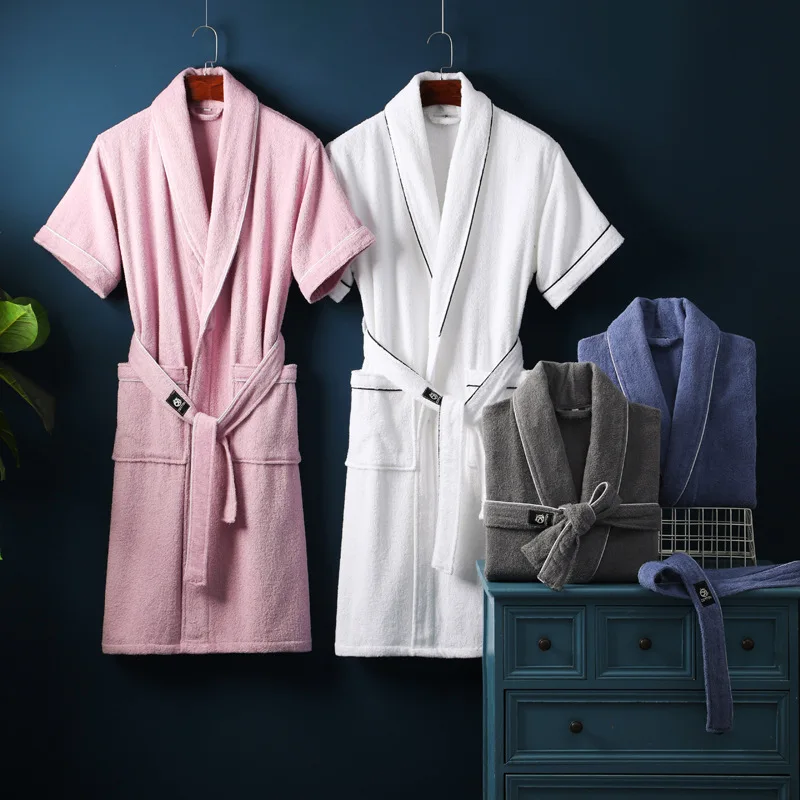 Summer Thin Bathrobe Solid Color Cotton Hotel Pajamas Absorbent and Quick Drying Men's and Women's Pajamas Bath Robes