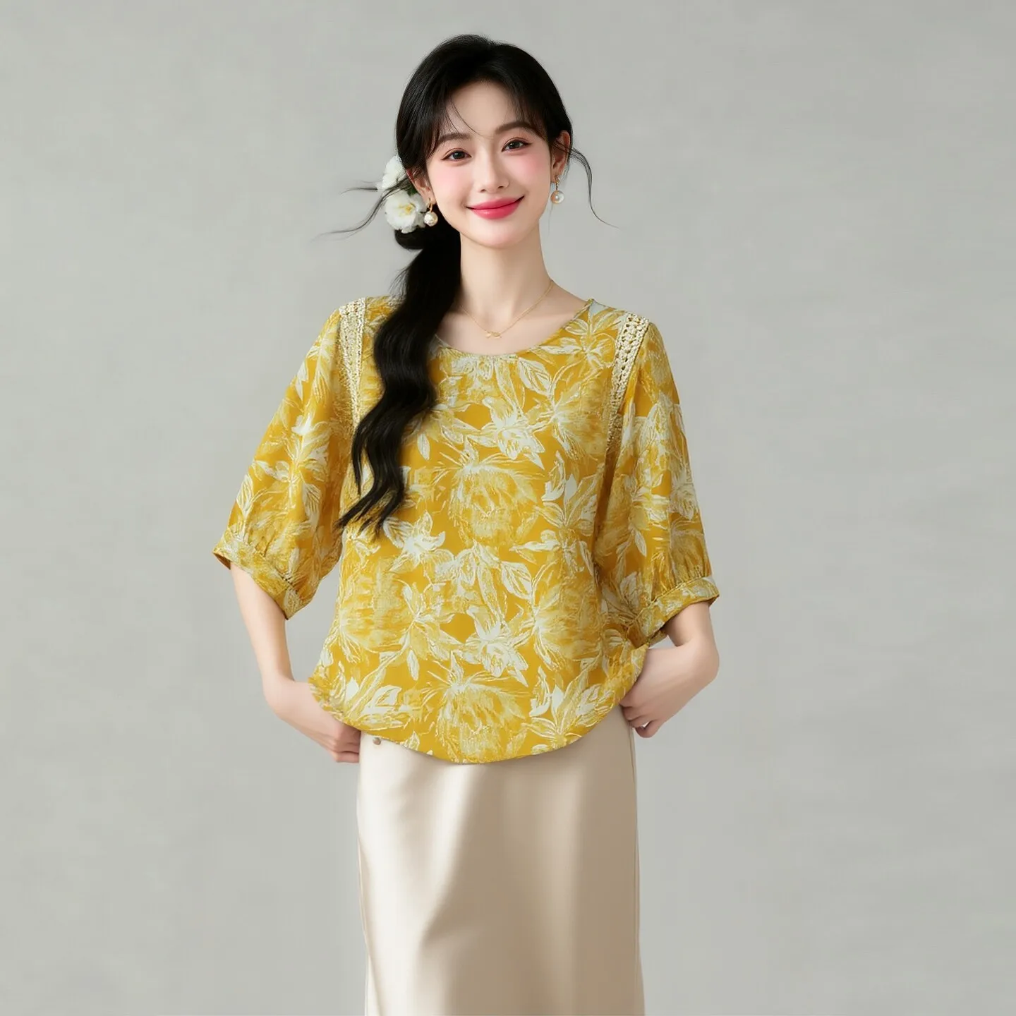 Winsleter-100%Real Silk Double Crepe Elegant T-Shirt, 3/4 Sleeve Print, Women French Lace Thin Loose Top, 2026 Summer T67303CC