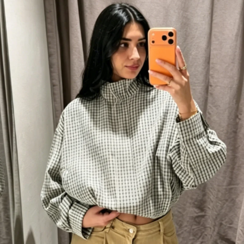 HXAO Plaid Bomber Jacket Women's Jacket Spring Autumn 2026 Crop Oversized Long Sleeve Top Casual Zipper Outerwear Outdoor Coats image 5