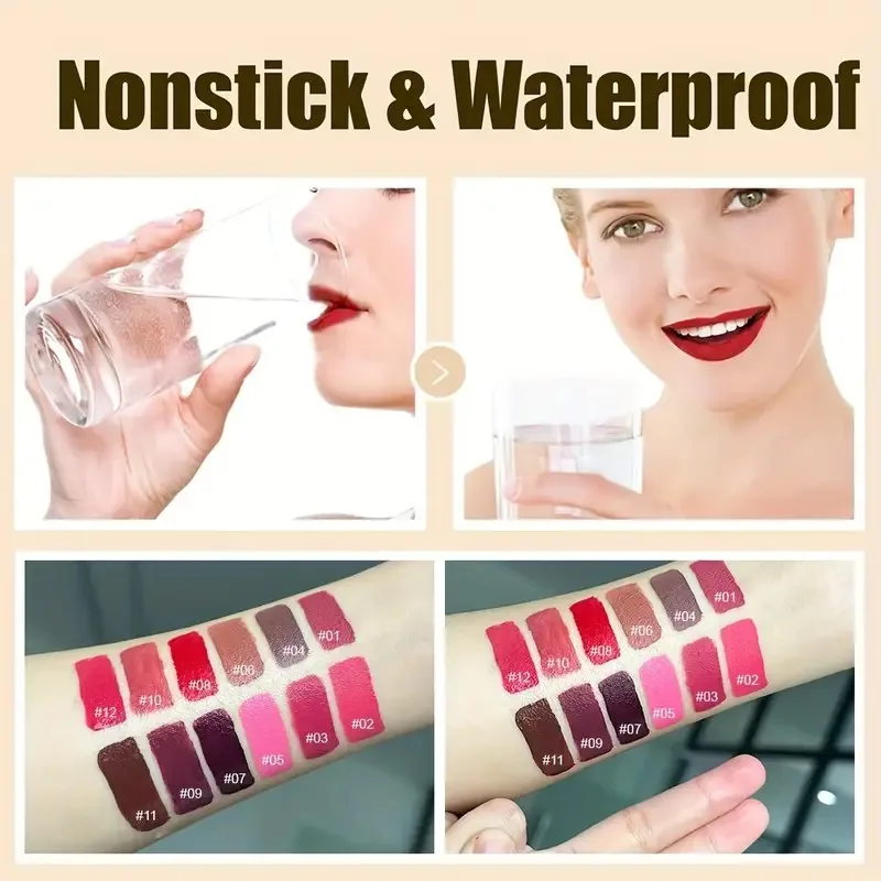 Ensemble de glaçage à lèvres mat longue durée, ne se décolore pas, ensemble de brillant à lèvres résistant à la tasse, rouge à lèvres liquide à base de plantes, idéal pour les Types de peau mixtes, 12 pièces