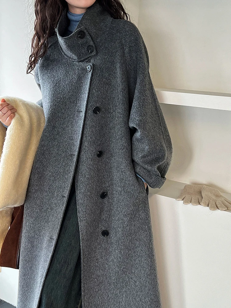 [EAM] Dark Gray Belted Big Size Long Woolen Coat New Lapel Long Sleeve Women Jacket Fashion Tide Autumn Winter 2024  1DH6369