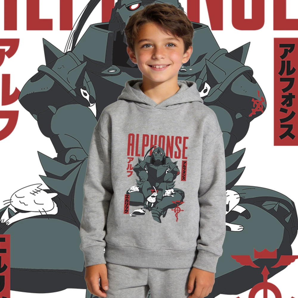 Full Metal Alchemist Alphonse Print Fleece Lined Hoodie for Boys Girls Kids Autumn Winter Warm Casual Pullover Sweatshirt