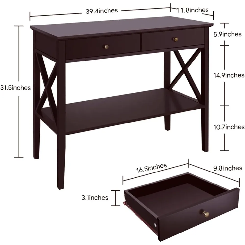 Mesa de consola con cajones, mesa de sofá de madera estrecha, mesa de entrada con estante de almacenamiento para entrada