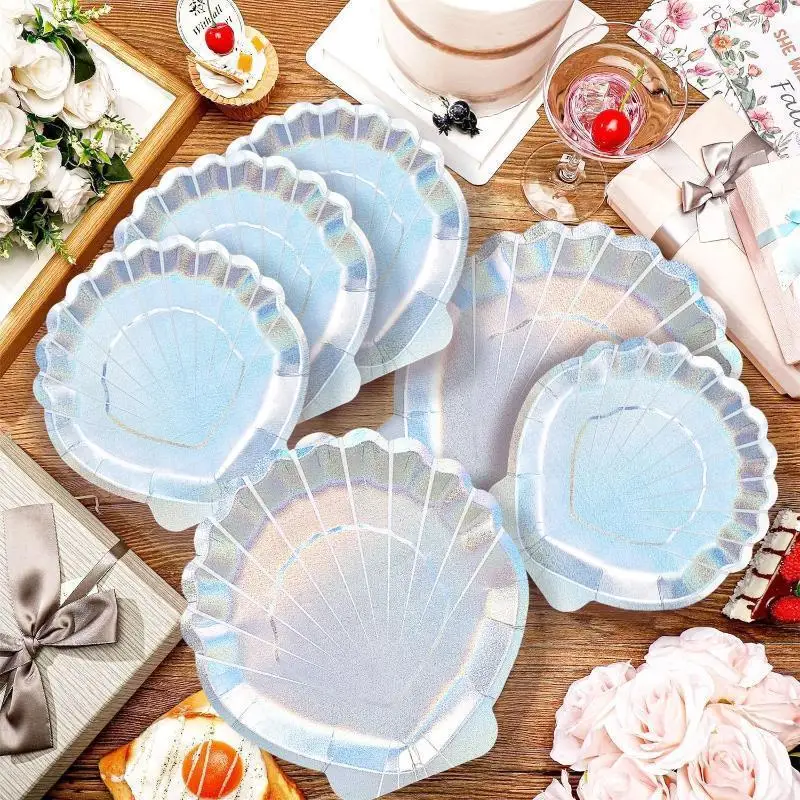 Plateau en papier jetable à coque colorée au Laser, fournitures de décoration pour fête d'anniversaire, plateau en papier irrégulier, vaisselle, vente en gros, 10 pièces