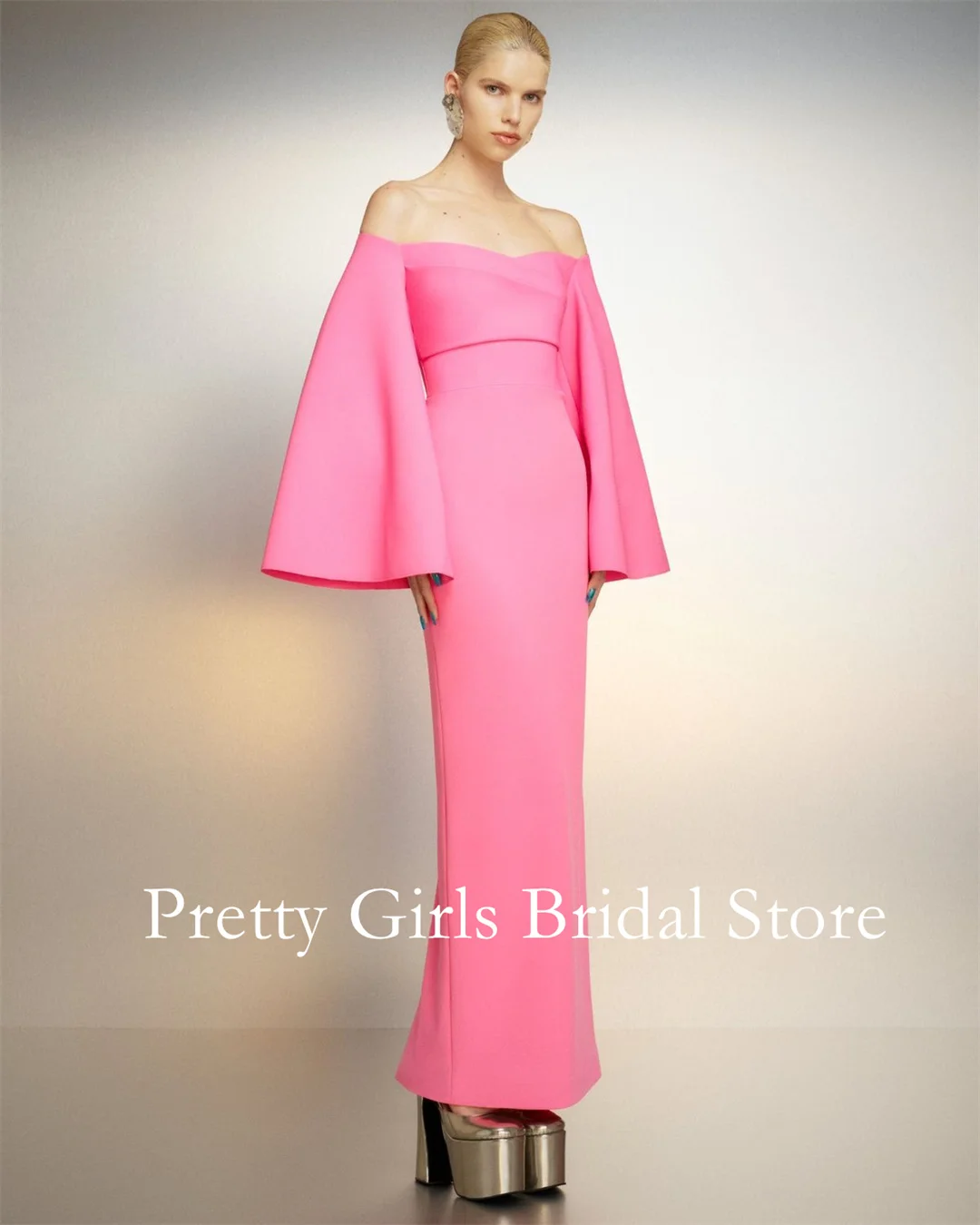 Arabic Morden Style Modest Vintage Pink Evening Dresses Bell Sleeves Mermaid Customized Formal Prom Growns Party Women Bride