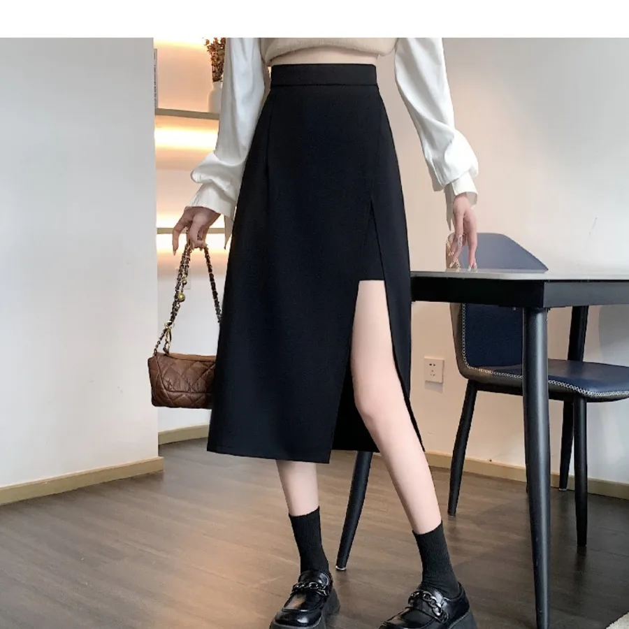 

【HOT】Suit skirt female large size fat sister autumn design high waist a-line long dress small man side split skirt
