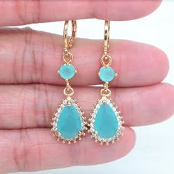 Gold Color Fashion Lake Blue CZ Zircon Long Teardrop Dangle Earrings for Women