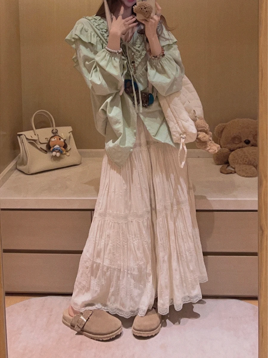 

Yukiss Lace Splicing Pleated Skirt f-length Long Dr Casual Loose Fit Elastic Waist Big Hem Ladies' Autumn Faion