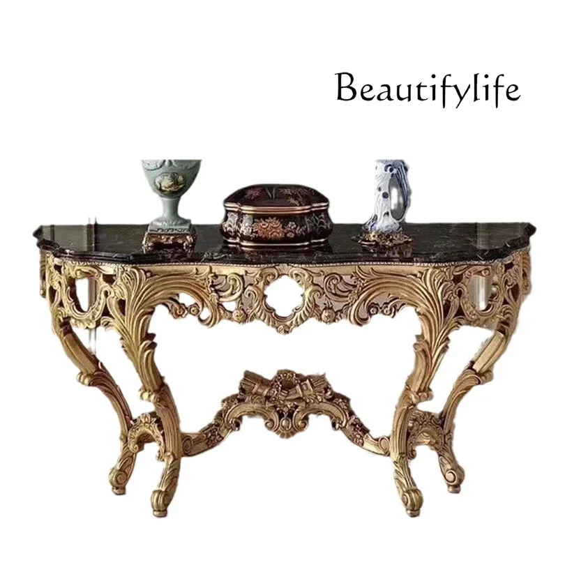 

European-style foyer furniture, luxury villa handmade solid wood carving flower marble surface entrance