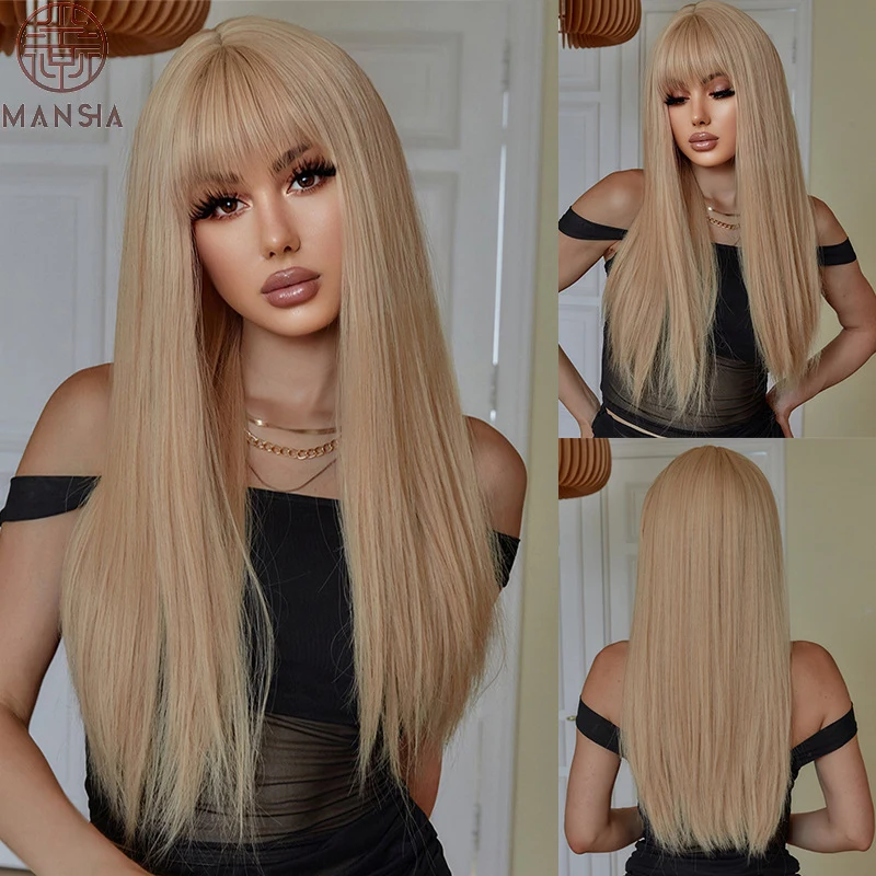 

New stylish women's elegant golden long straight hair naturally voluminous full-head wig