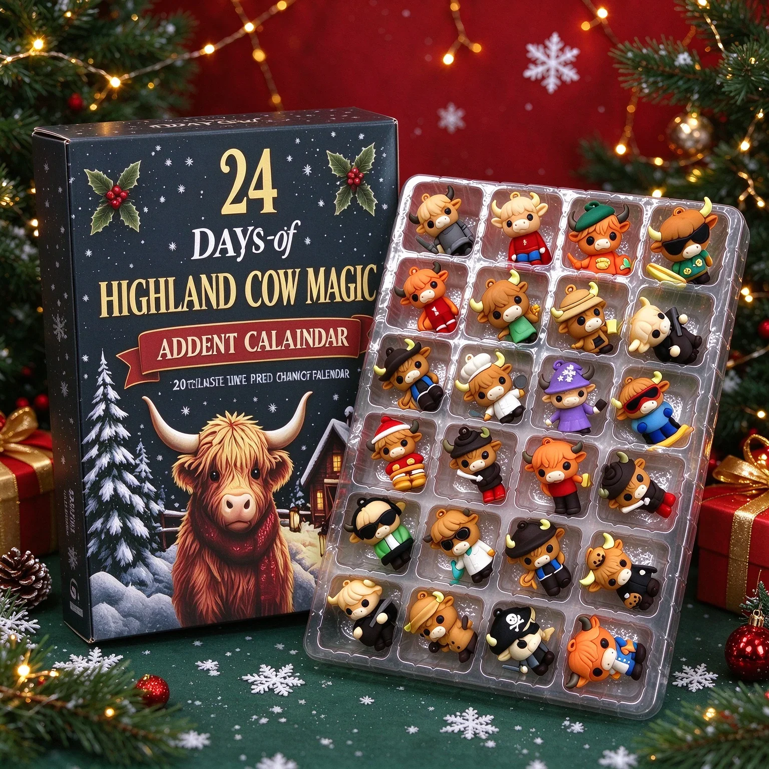 24-DAYS Christmas Countdown Calendar, 3D/2D Highland Bull Shaped Christmas Ornament Scottish Long Haired Bull Pendant