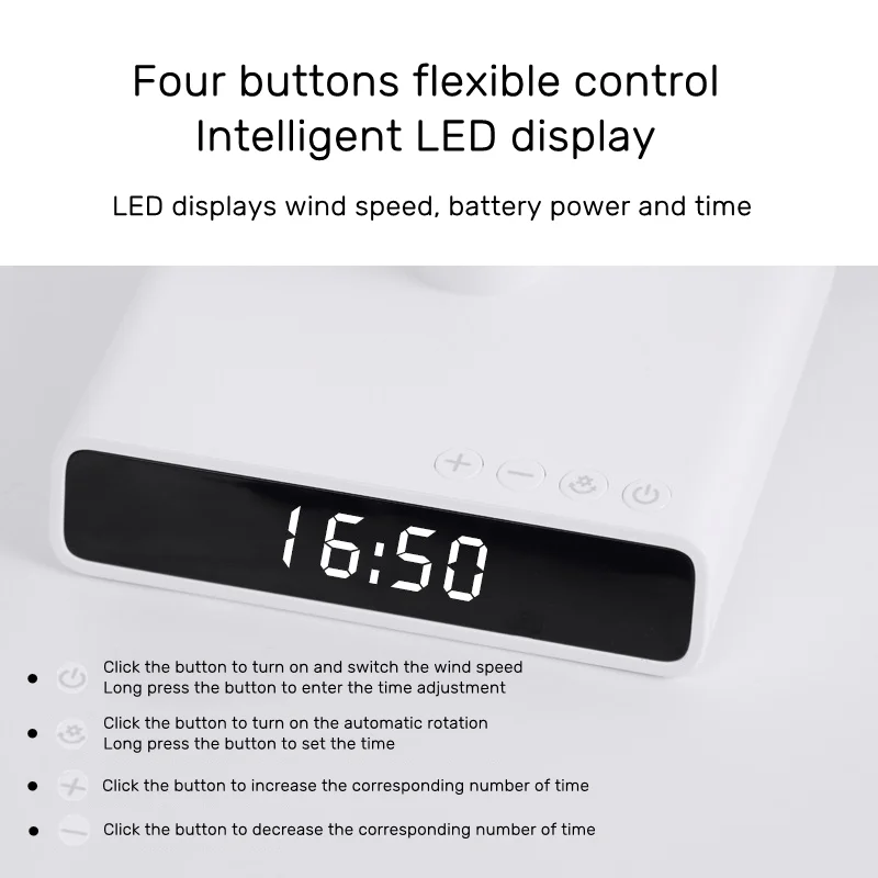 4000Mah Shaking Head Ventilator Oplaadbare Desktop Draagbare Circulatiepomp Draadloze Elektrische Ventilator Met Klok Display Luchtkoelventilator