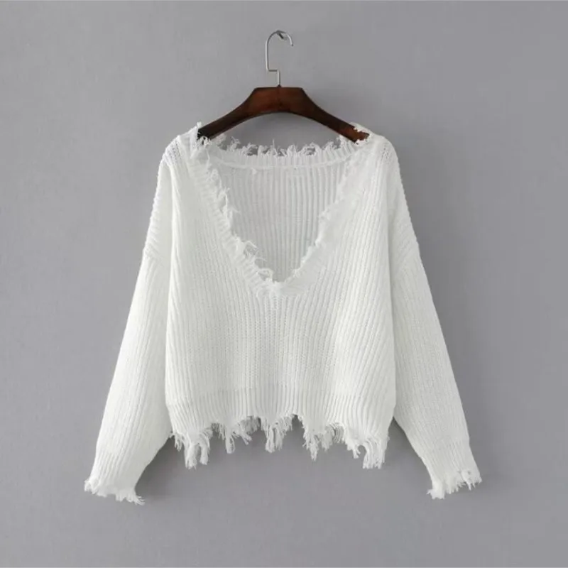 Y2K Tassel Hem Irregular Sweater Woman oversized Fringed V neck Loose Knitted Pullover Knitwear White Black Khaki