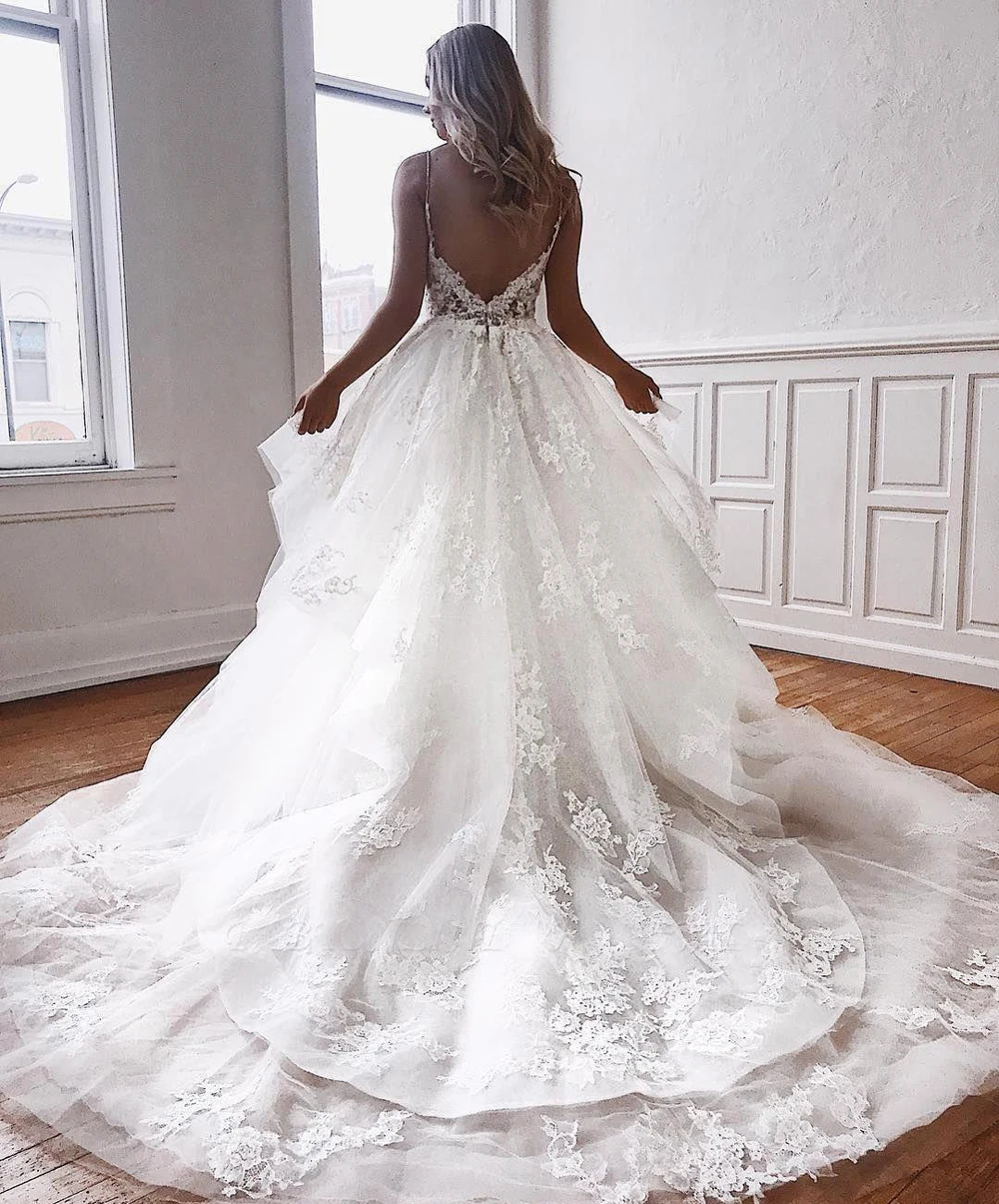 Lace Ruffle Tulle Wedding Dresses Spaghetti Straps Zipper Backless Court Train Bridal Gowns Custom Made Vestidos De Novia