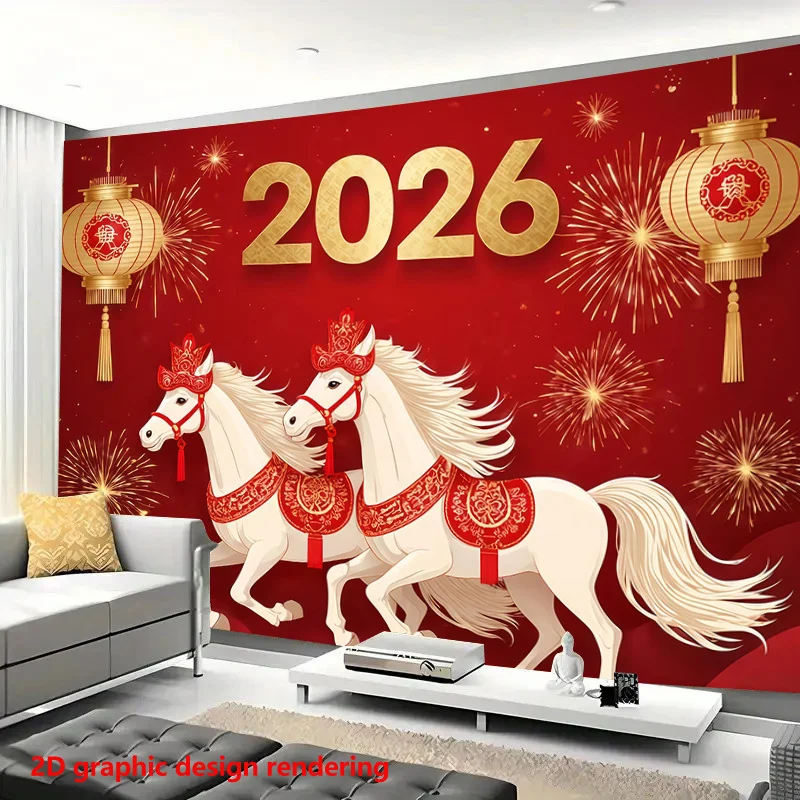 Vibrant Chinese New Year Wall Mural Backdrop Red Dragons Horses 2026 Festive Decor for Bedroom Living Room