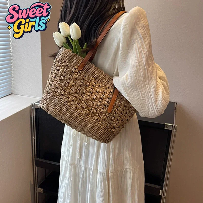 Straw Bags Summer Women Straw Shoulder Bags Rattan Woven Top Handle Bag Hollow Crochet Beach Bag Casual Travel Handbags