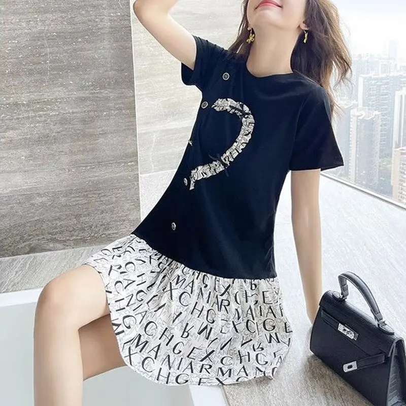 Stylish Asymmetrical Patchwork Dresses Folds Summer Short Sleeve Basic Women\'s Clothing A-Line Casual O-Neck Button Mini Dress