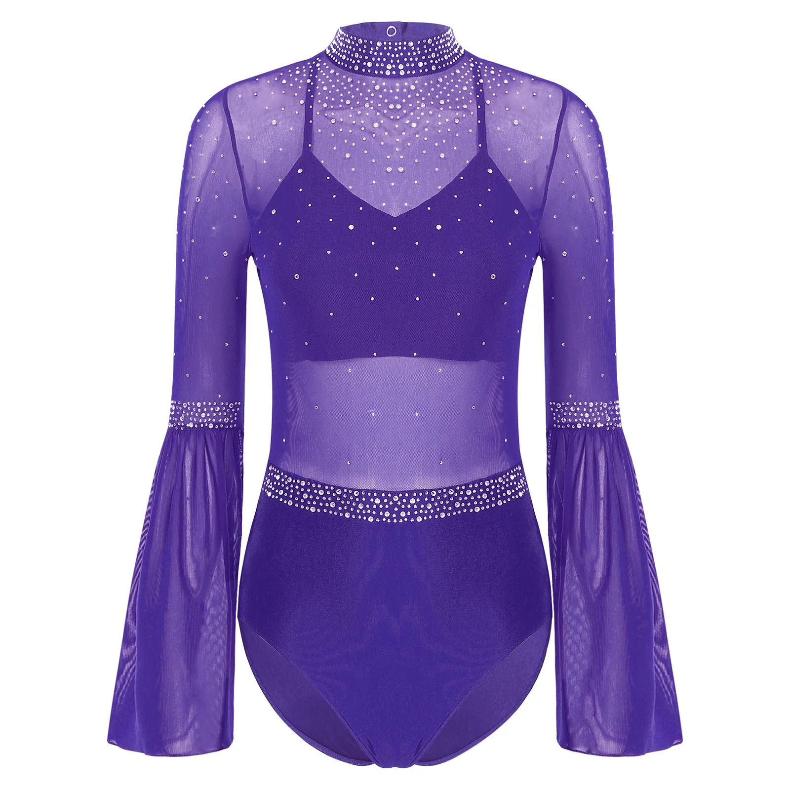 Damen Eiskunstlauf Rhythmische Gymnastik Performance Kostüm Flare Sleeve Sparkly Strass Ballett Tanz Trikot Tanzbekleidung – Detail 17