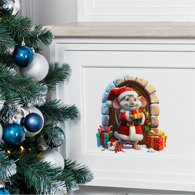 

2PCS Christmas Mouse Hole Gift Wall Stickers Home Bedroom Living Room Background Wall Decoration Self Adhesive