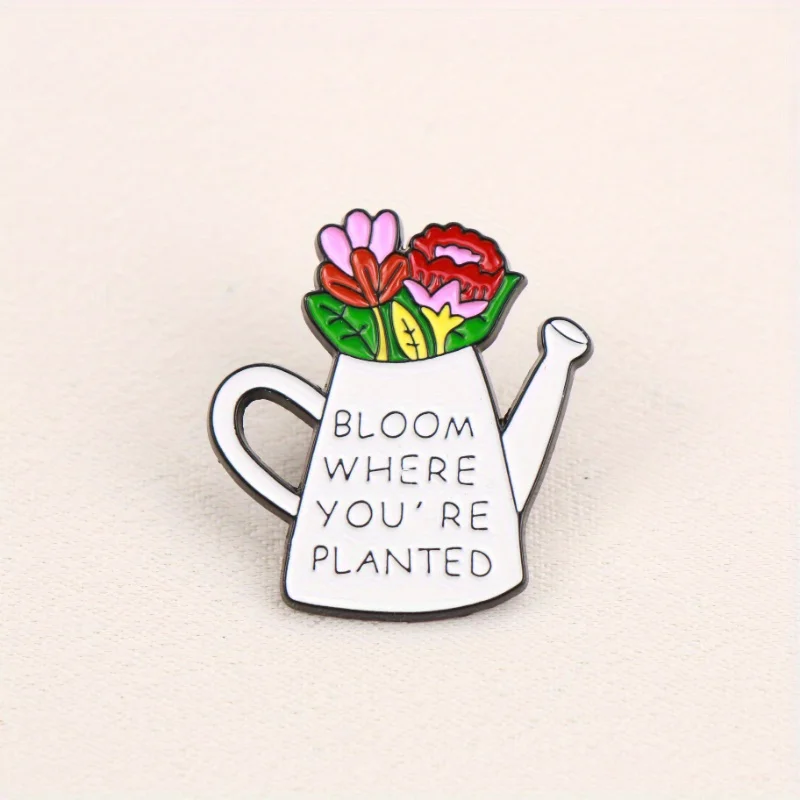 دبوس نمو ملهم — علبة سقي بيضاء مع زهور، "زهر أين أنت نباتي،" تحث النمو في مكان واحد. #3