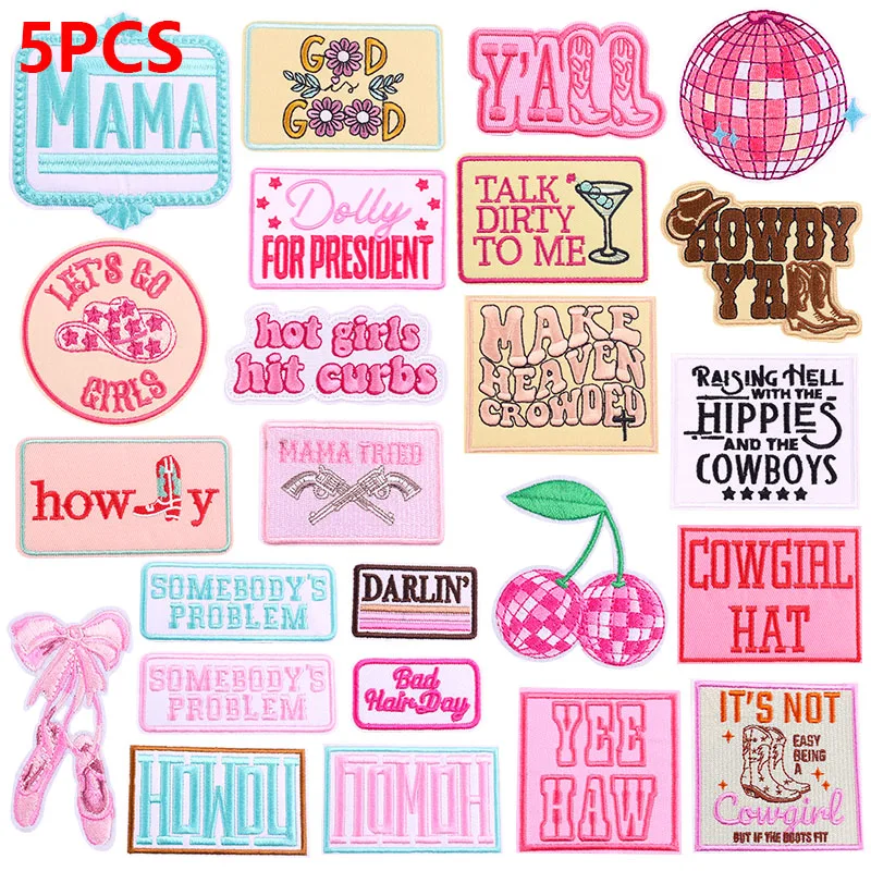5 Teile/lose Rosa Buchstaben Patch Eisen Auf Patches Für Kleidung Applique DIY Cowboy Hut Gestickte Patches Auf Kleidung Abzeichen Aufkleber