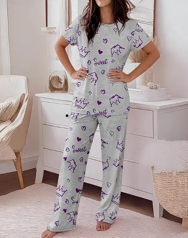 

2 Pieces Outfit Female Sweet Letter Print Short Sleeve Top & High Waist Pants Set Women Casual Crown & Heart Print Pajamas Sets