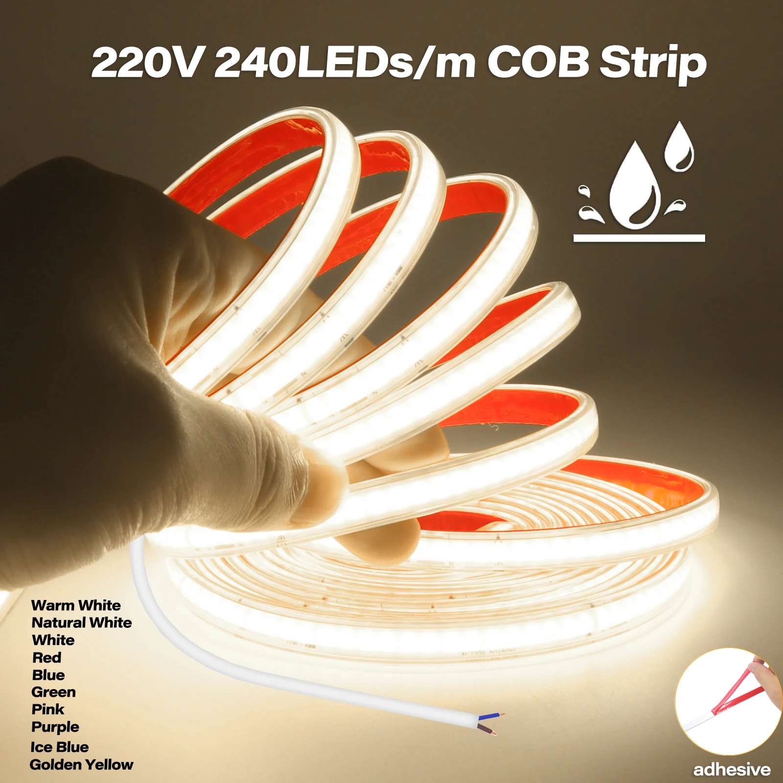 1M-20M 220V COB LED Strip No Need Driver 240LEDs/m 2Pin Home Room Kitchen Waterproof Flexible Ribbon for Outdoor Garden Lighting