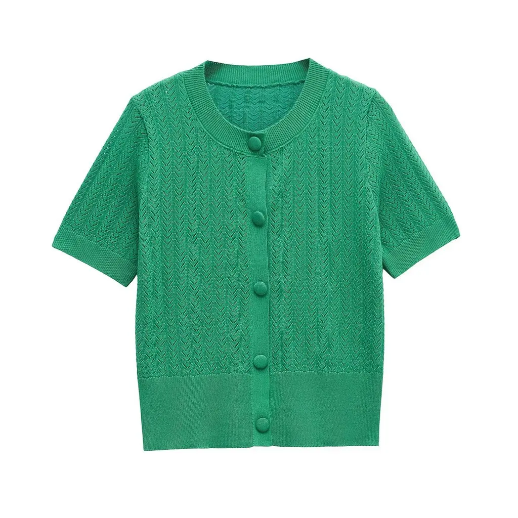 

Green Embroidered Knit Short-sleeve Tee Shirt 202604
