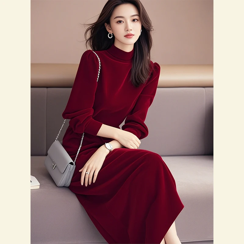 

Winter High Waist Velvet Red Dress Elegant Ladylike Powerful Presence New Year Encore Elegant Long Sleeve Zipper A-Line Dress