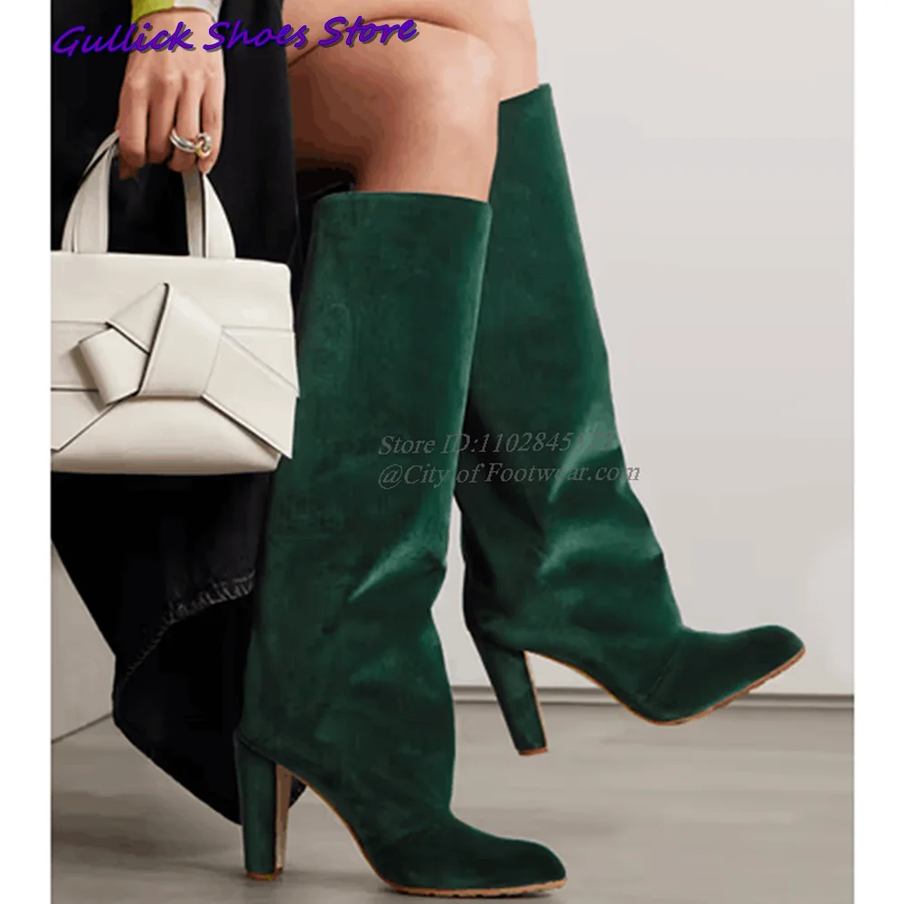 Green Suede Long Boots Pointed Toe Chunky Heel Pull On Wide Fit Knee-High Office Solid Autumn Winter Shoes Big Size New Arrival