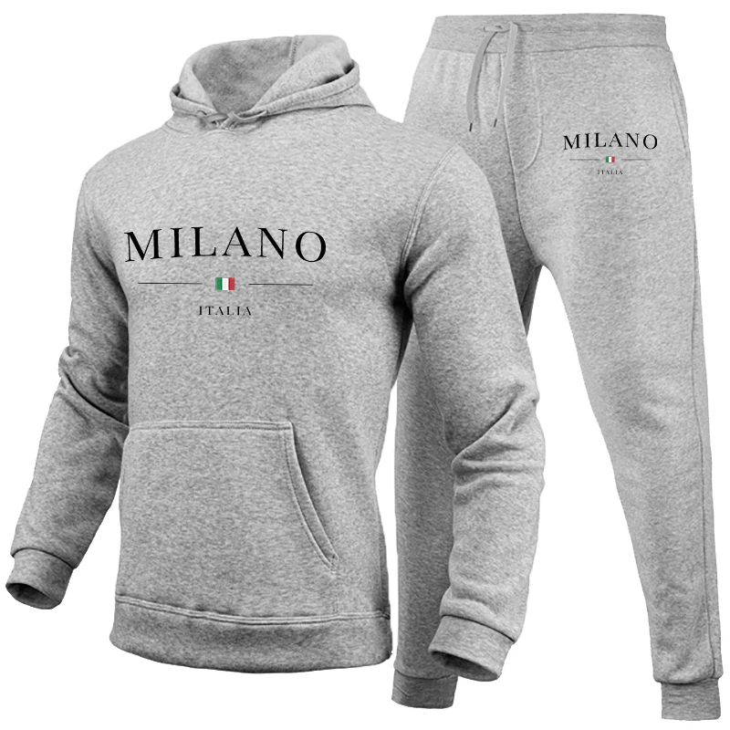 Men\'s Luxury Hoodie Set Milano Print Sweatshirt Sweatpant for Male Hooded Tops Jogging Trousers Suit Casual Streetwear Tracksuit