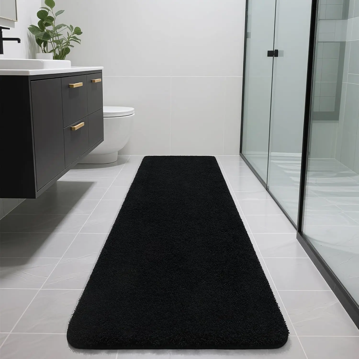 

Soft Absorbent Bath Runner Rug 70x24, Non-Slip Shaggy Mat for Bathroom Floor Tub Shower, Machine Washable Quick Dry Black