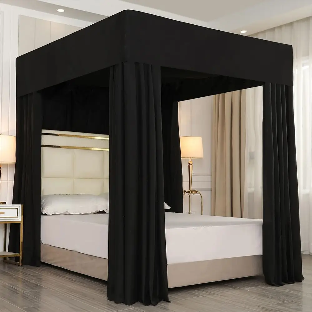 King Size Black Sheer Canopy Curtains for Four Post Beds - Lightproof Bedroom Decor, Poles Not Included