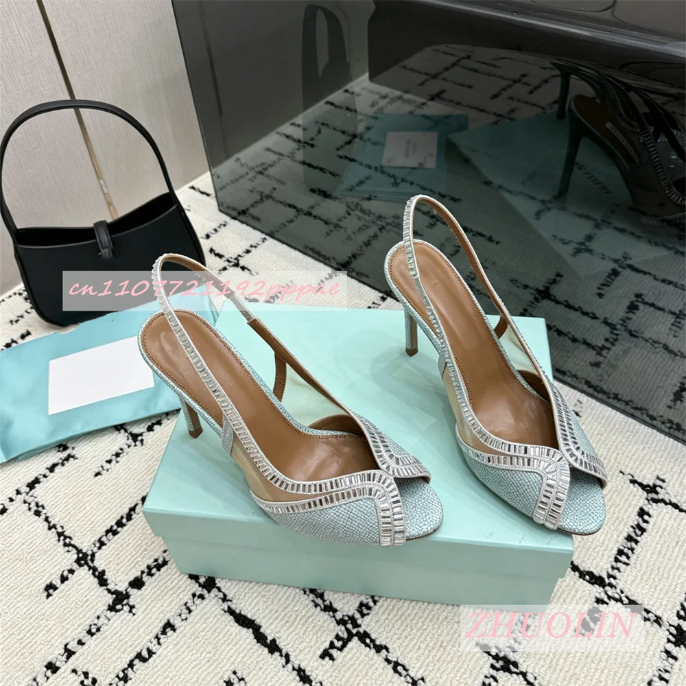 Luxury Genuine Leather High Heel Sandals Women Woven Rhinestone Trim Open Toe Thin Stiletto Elegant Wedding Summer Dress Shoes view 3