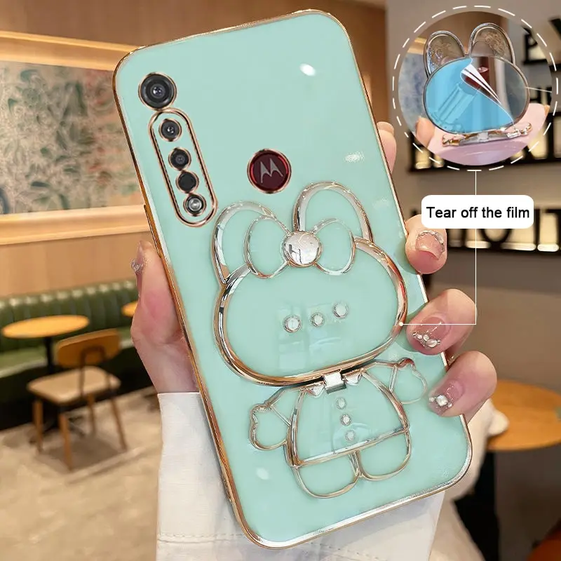 Makeup Mirror Phone Case For Motorola Moto G8 Plus Motorola G8 Plus Plating Cartoon Rabbit Folding Bracket Phone Case Cover